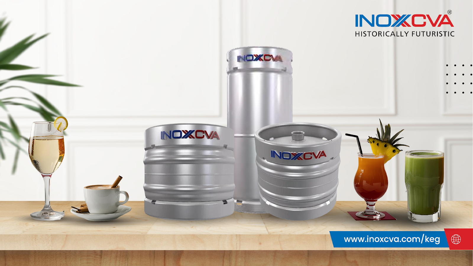  An image of INOXCVA kegs with versatile non-alcoholic beverages 
 